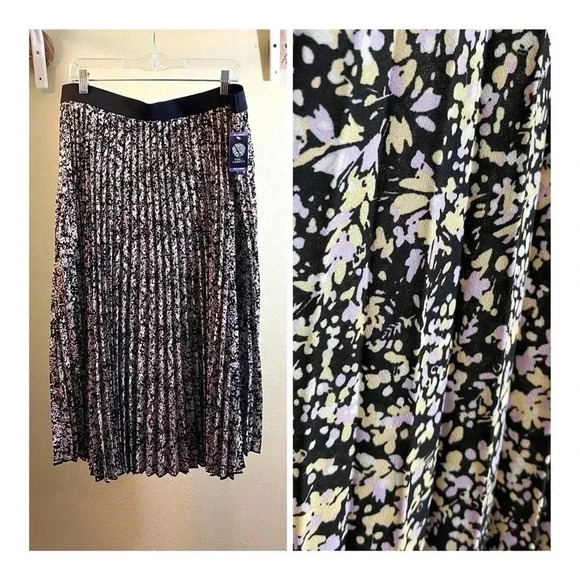 Vince Camuto Elastic Waist PleatMidi Skirt Sprinkled Field Floral Black XXL New - Picture 1 of 9